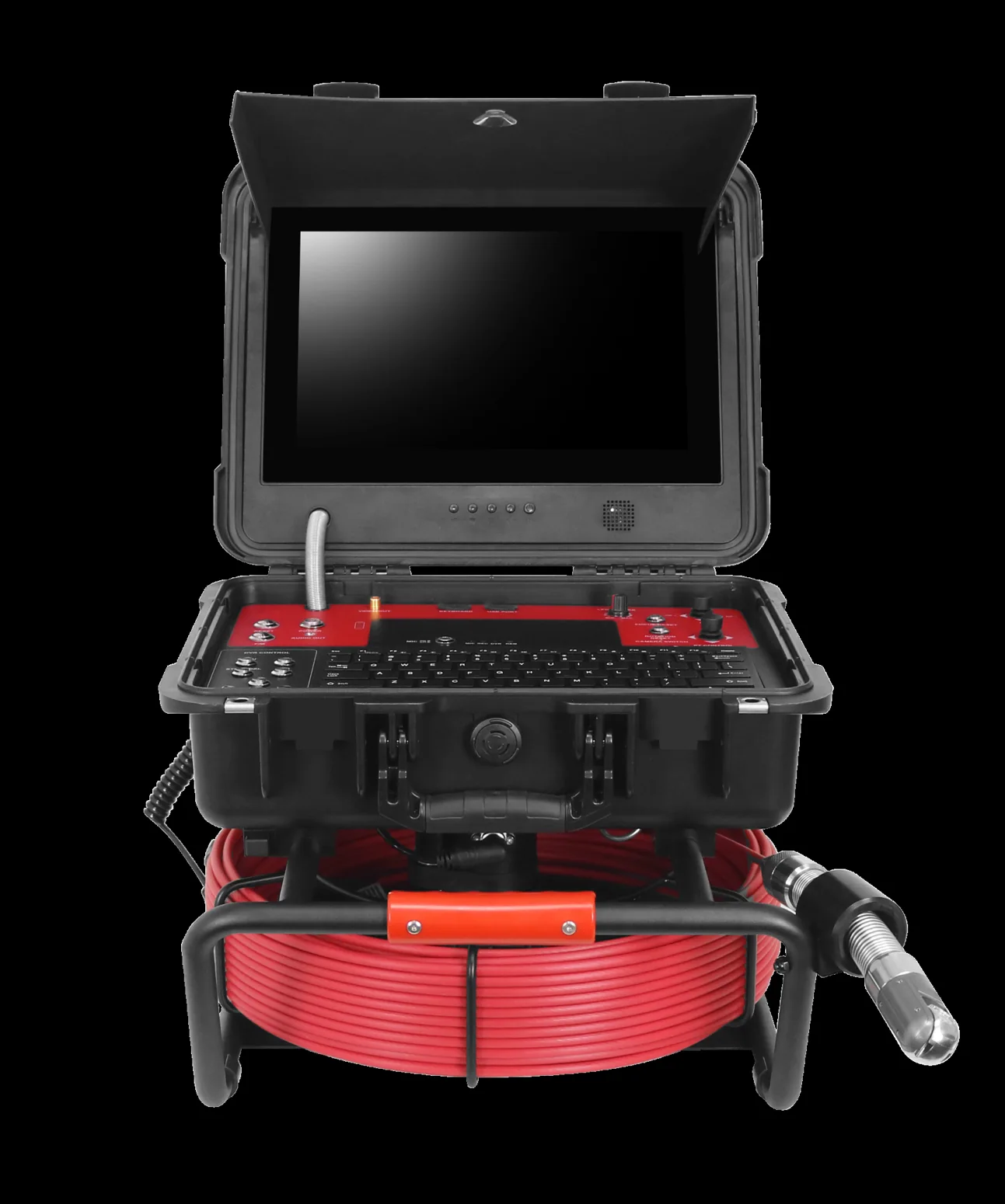V13 pipe inspection system with protective monitor case and red cable reel